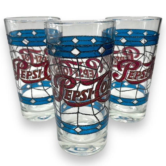 Pepsi Cola Set of 3 Vintage 70s Tiffany Raised Stain Glass Tumblers - Picture 2 of 11